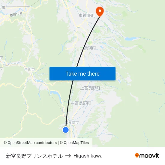新富良野プリンスホテル to Higashikawa map