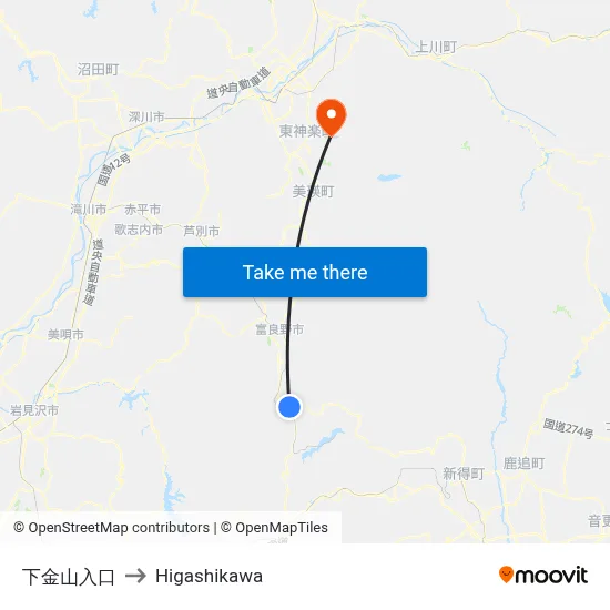 下金山入口 to Higashikawa map