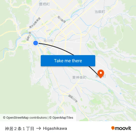 神居２条１丁目 to Higashikawa map
