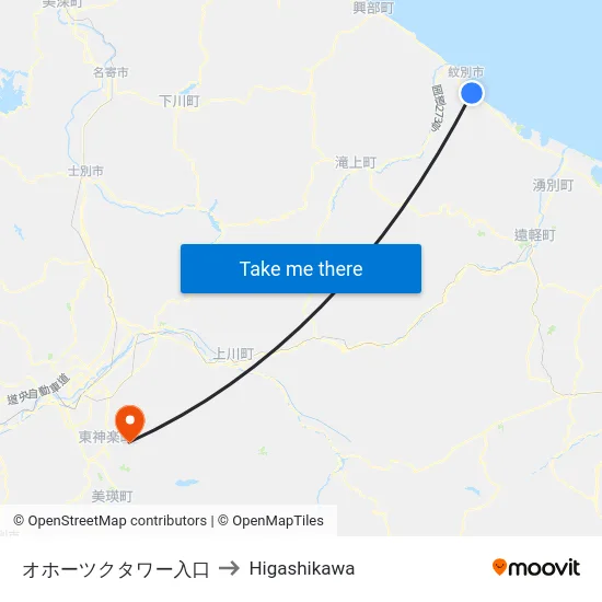 オホーツクタワー入口 to Higashikawa map