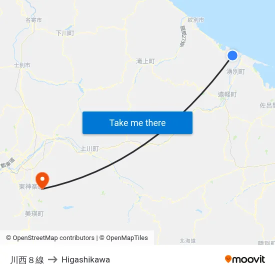 Kawanishi 8 Line to Higashikawa map