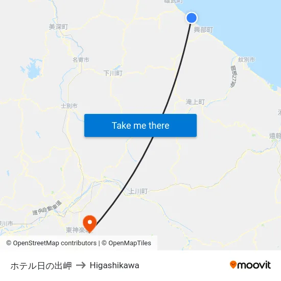 ホテル日の出岬 to Higashikawa map