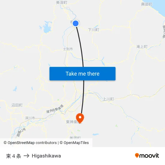 東４条 to Higashikawa map