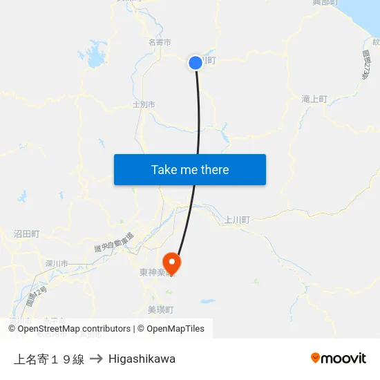 上名寄１９線 to Higashikawa map