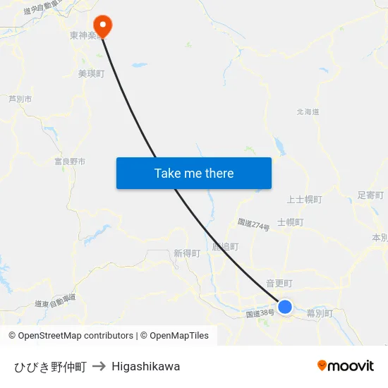 ひびき野仲町 to Higashikawa map