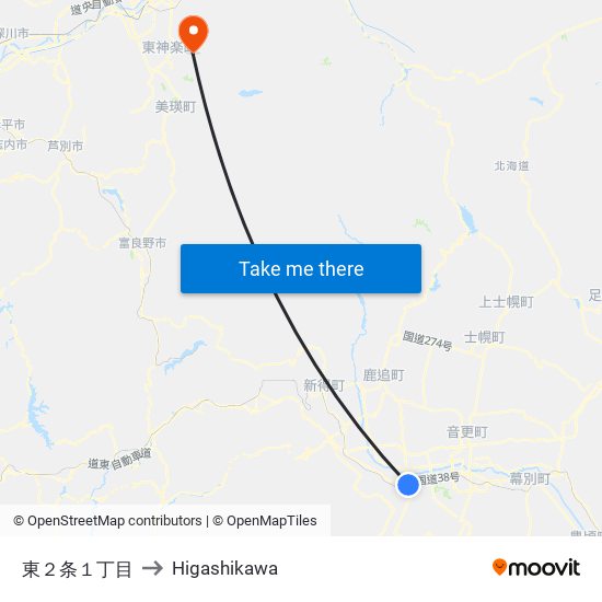 東２条１丁目 to Higashikawa map