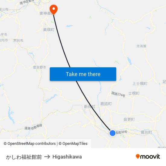 かしわ福祉館前 to Higashikawa map