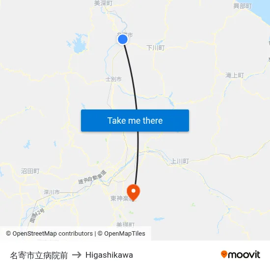 名寄市立病院前 to Higashikawa map