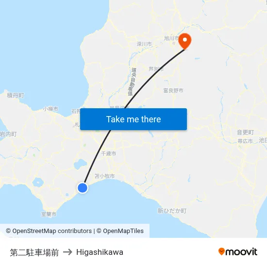 第二駐車場前 to Higashikawa map