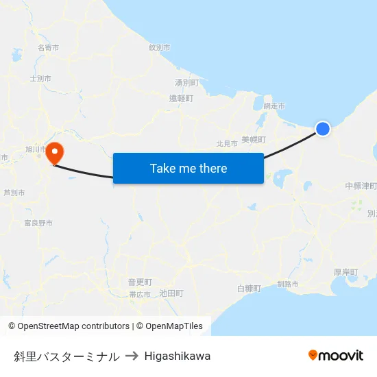 斜里バスターミナル to Higashikawa map
