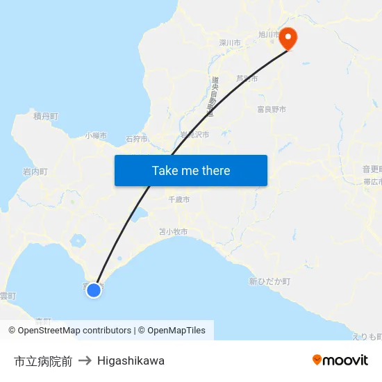 市立病院前 to Higashikawa map