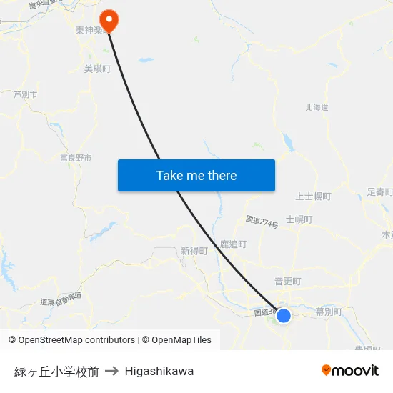 緑ヶ丘小学校前 to Higashikawa map