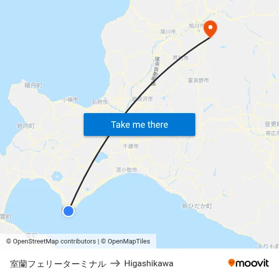 室蘭フェリーターミナル to Higashikawa map
