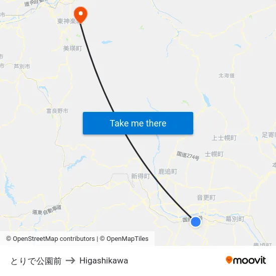とりで公園前 to Higashikawa map