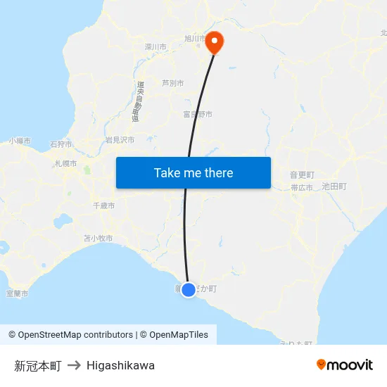 Niikappu Main Town to Higashikawa map