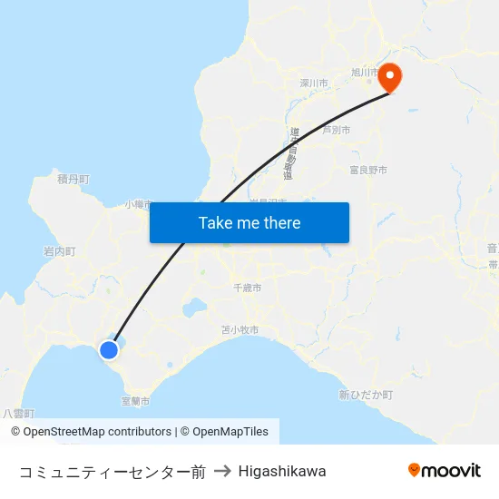 コミュニティーセンター前 to Higashikawa map