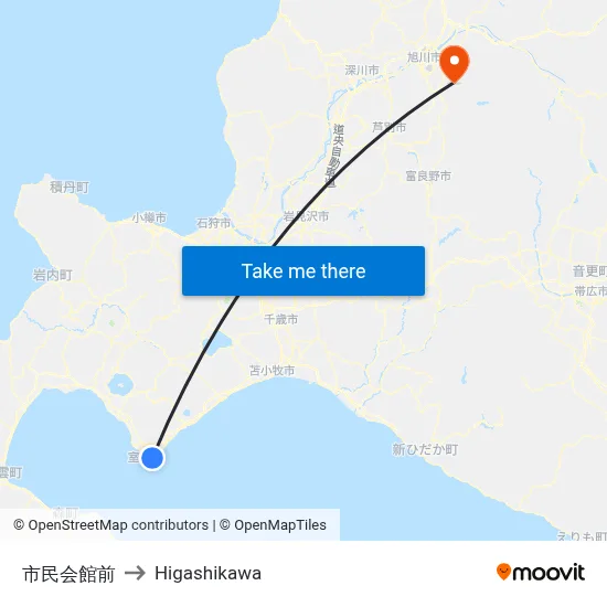 市民会館前 to Higashikawa map