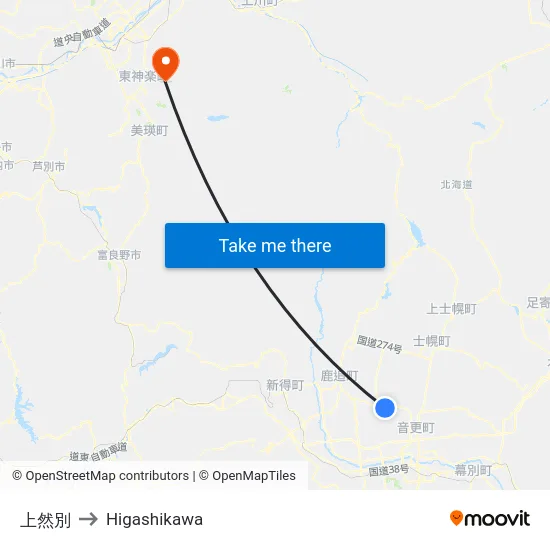 上然別 to Higashikawa map