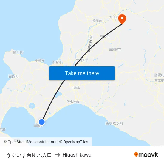 うぐいす台団地入口 to Higashikawa map