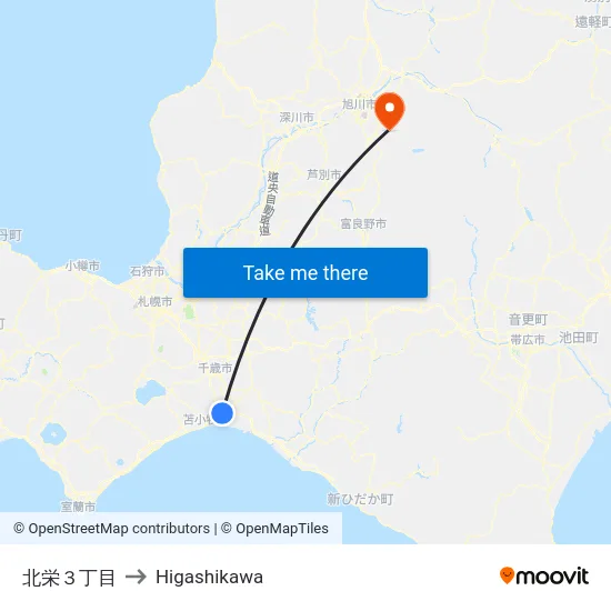 北栄３丁目 to Higashikawa map