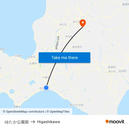 ゆたか公園前 to Higashikawa map