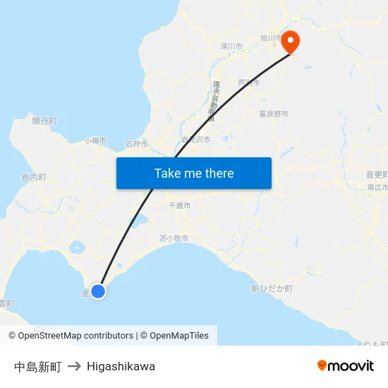 中島新町 to Higashikawa map