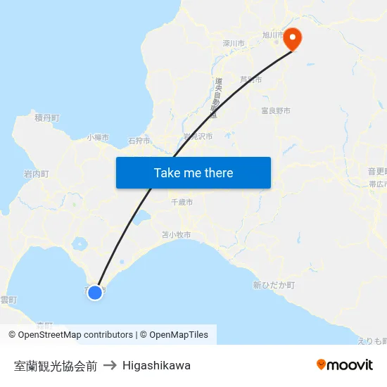 室蘭観光協会前 to Higashikawa map