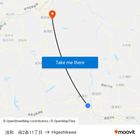 清和　南2条11丁目 to Higashikawa map
