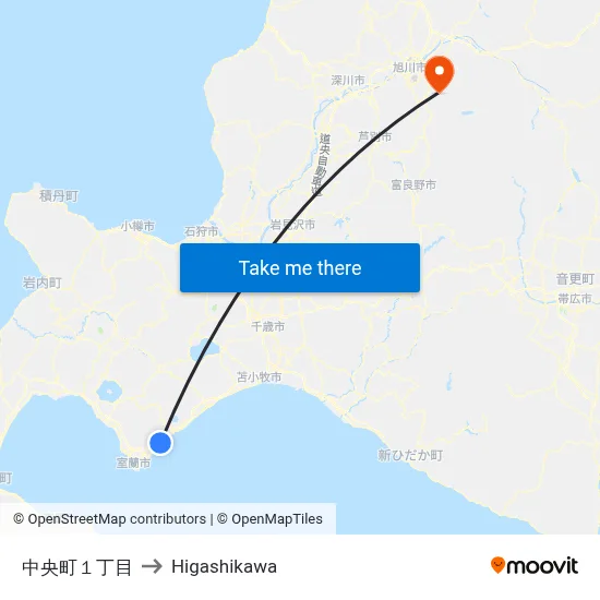 中央町１丁目 to Higashikawa map