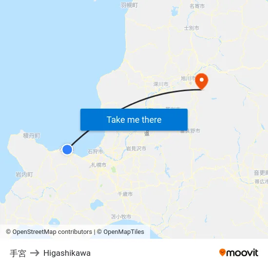 手宮 to Higashikawa map