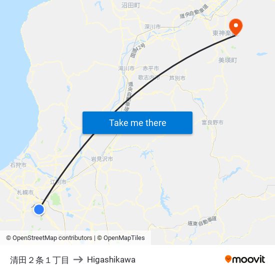 清田２条１丁目 to Higashikawa map