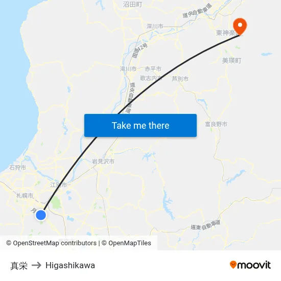 真栄 to Higashikawa map