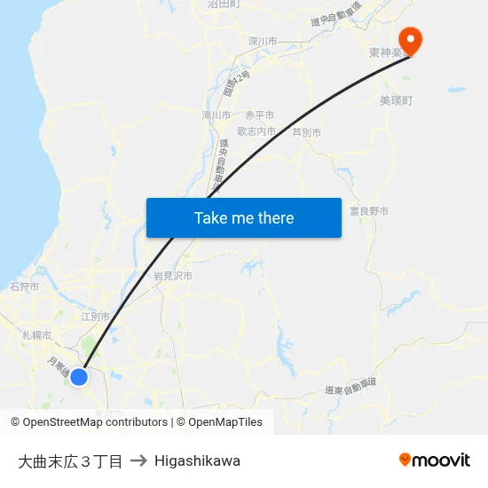 Omagari Suehiro 3-chome to Higashikawa map