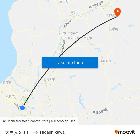Omagari Hikari 2-chome to Higashikawa map