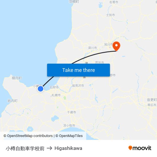 小樽自動車学校前 to Higashikawa map