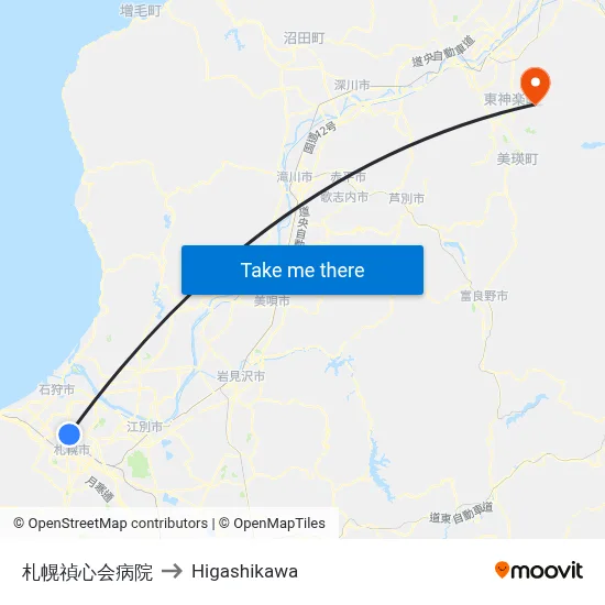 Sapporo Teishinkai Hospital to Higashikawa map