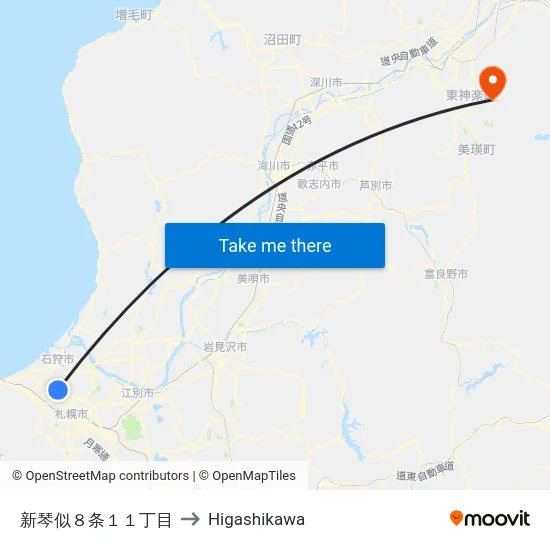 新琴似８条１１丁目 to Higashikawa map