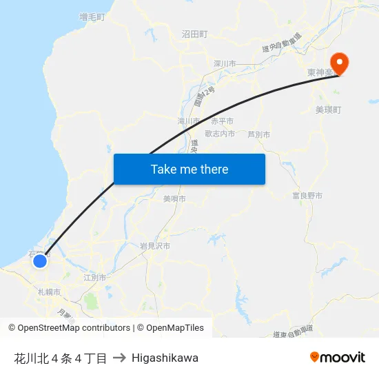 花川北４条４丁目 to Higashikawa map