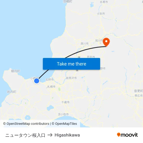 ニュータウン桜入口 to Higashikawa map