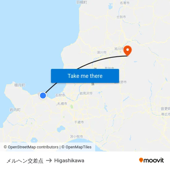 メルヘン交差点 to Higashikawa map