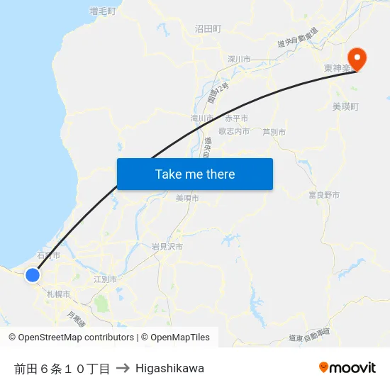 前田６条１０丁目 to Higashikawa map