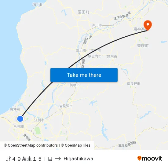 North 49-jo East 15-chome to Higashikawa map