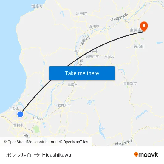 ポンプ場前 to Higashikawa map