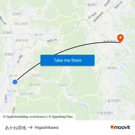 あかね団地 to Higashikawa map