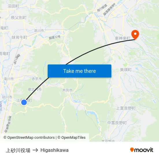 上砂川役場 to Higashikawa map