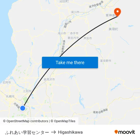 Fureai Learning Center to Higashikawa map