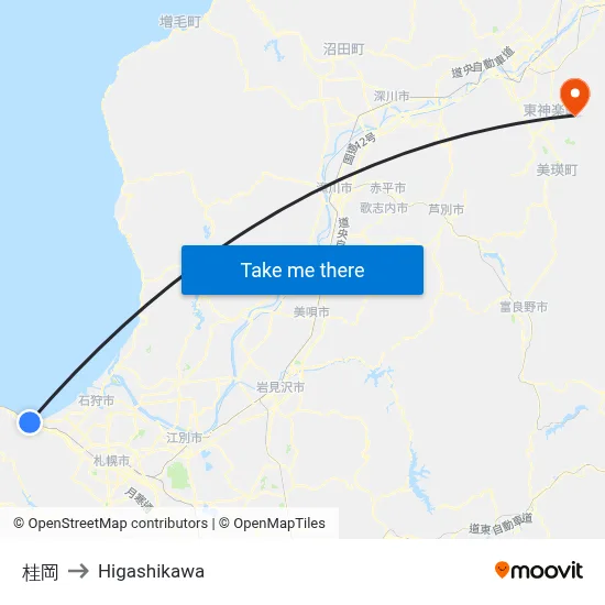 Katsuraoka to Higashikawa map