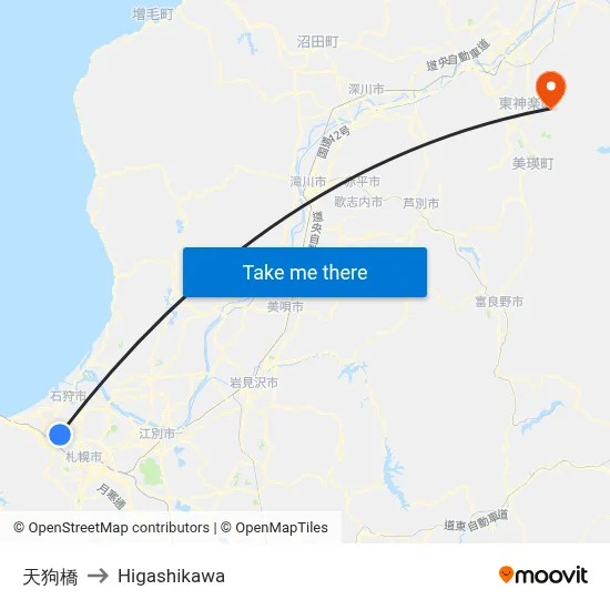 天狗橋 to Higashikawa map