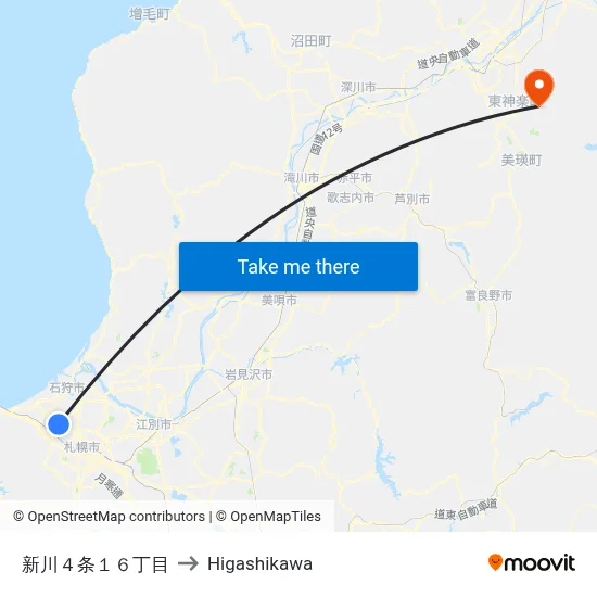新川４条１６丁目 to Higashikawa map