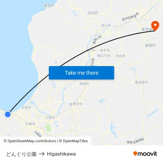 どんぐり公園 to Higashikawa map